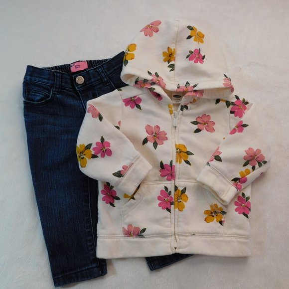 Bundle of Old Navy 6-12M Soft Floral Hoodie & Skinny Adjuste` Pullon Jeans - Picture 1 of 7